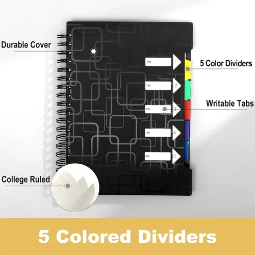 Miniatura 3 de CAGIE Cuaderno de 5 materias con rayas universitarias de 8.5 x 11 pulgadas, 240 páginas, cuaderno en espiral con pestañas divisorias, cuadernos A4