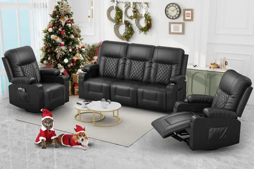 Miniatura 18 de FURNIMAT Sofá reclinable, sofá reclinable doble de 3 asientos, sofá biplaza de piel sintética, moderna silla reclinable para sala de estar, con Negro