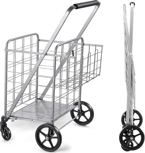 Miniatura 8 de Wellmax Carrito de comestibles plegable con ruedas, carrito utilitario de metal resistente con parte inferior de malla, cesta trasera adicional