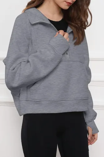 Miniatura 3 de Trendy Queen Sudadera corta con media cremallera para mujer, sudadera de forro polar con cremallera de un cuarto, ropa de invierno, suéter