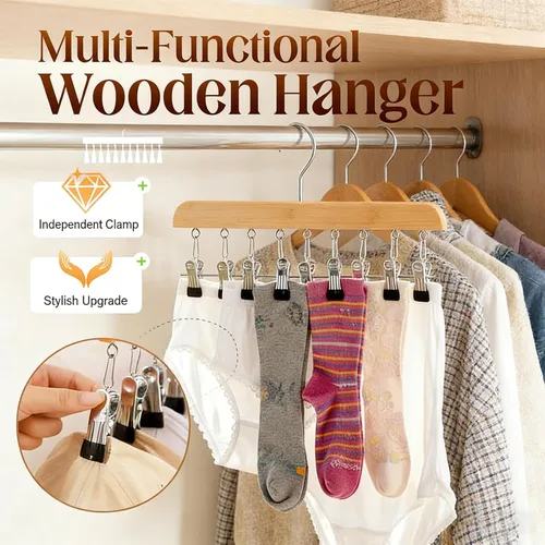 Miniatura 3 de Organizador de armario con 10 clips, organizador colgante de armario ajustable de madera para armario, colgador de pantalones de acero inoxidable