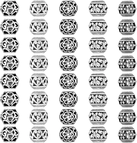 Miniatura 9 de 40 piezas de cuentas espaciadoras de tubo metálico para fabricación de joyería, cuentas de paracord de agujero grande plateadas, cuentas