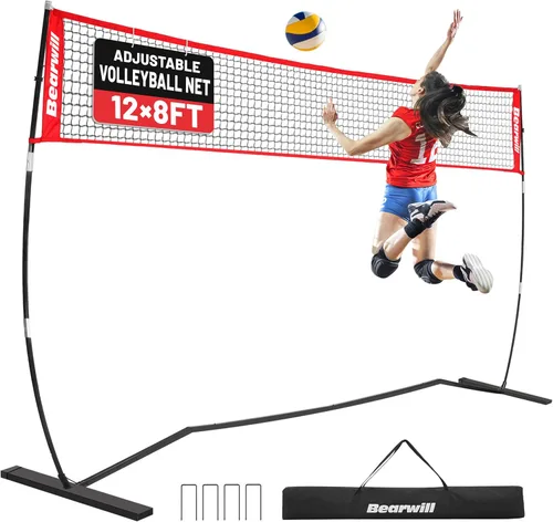 Bearwill Volleyball Net, 12FT/20FT Portable Volleyball Net for Backyard, Freestanding Volley Ball Set Height Adjustable with Carry Bag, Volley Ball