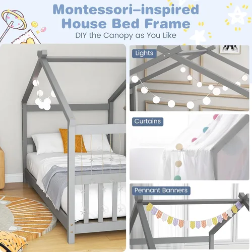 Miniatura 6 de KOMFOTT Cama de Casa de Madera Twin para Niños, Marco de Cama de Piso de Perfil Bajo con Techo, Cabecera y Pie de Cama para Niños y Niñas, No