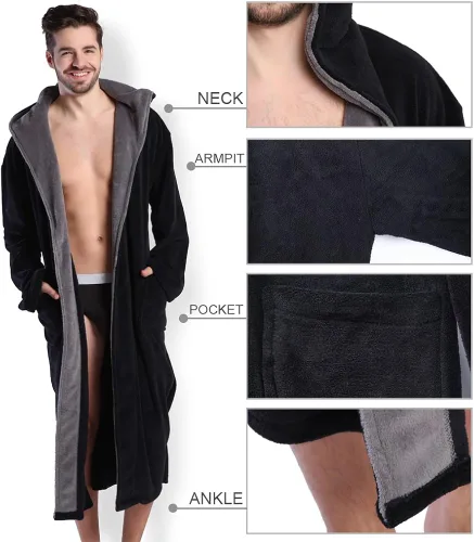 Miniatura 4 de KEMUSI Bata de baño con capucha para hombre, suave y de longitud completa, cómodo camisón cálido de longitud completa