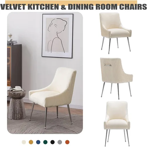 Miniatura 6 de Sillas de comedor de estilo moderno de terciopelo tapizado, silla de acento de tocador con barra vertical, silla capitonada con patas plateadas