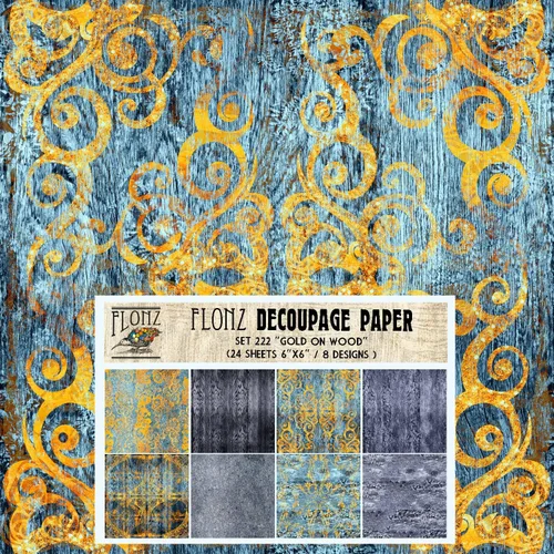 Decoupage - Paquete de papel (24 hojas de 6 x 6 pulgadas), dorado sobre madera vieja, papel de patrón Art Deco sin costuras estilo vintage para