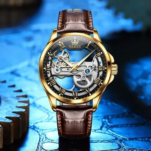 Miniatura 9 de OLEVS Relojes de esqueleto para hombre, automático, mecánico, de lujo, de cuero, impermeable, luminoso, reloj de pulsera para hombre