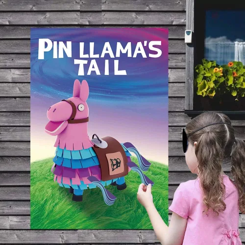 Miniatura 4 de Suministros para fiestas de videojuegos – Pin The Tails on Llama, póster grande con 24 calcomanías de cola para decoración de fiestas temáticas