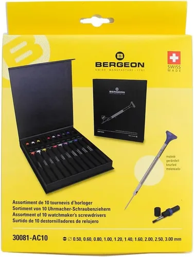 Bergeon 55-606 30009 Juego de 9 destornilladores con 9 tubos con cuchillas de repuesto en caja de madera Kit de reparación de relojes, Varios colores