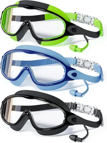 Miniatura 12 de Paquete de 3 gafas de natación para niños, con tapones para los oídos, marco grande, antivaho, UV, visión amplia, para niños y niñas de 4 a 12 años