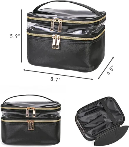Miniatura 3 de Bolsa de cosméticos de doble capa, bolsa de maquillaje, bolsa de aseo grande, bolsa organizadora de maquillaje de viaje para niñas y mujeres, Negro