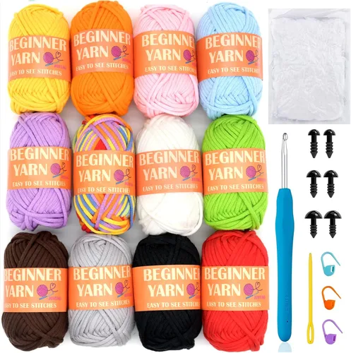 Miniatura 10 de 24 Pack de Hilo de Ganchillo para Principiantes Azul Rosa Púrpura Marrón Arcoíris de Algodón para Tejer y Ganchillo con Puntos Fáciles de Ver Kit
