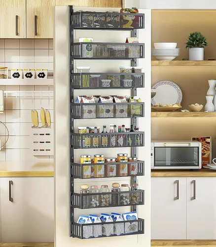 Organizador de despensa de 8 niveles sobre la puerta con cestas de malla, estante colgante ajustable y estable para especias para cocina, baño,