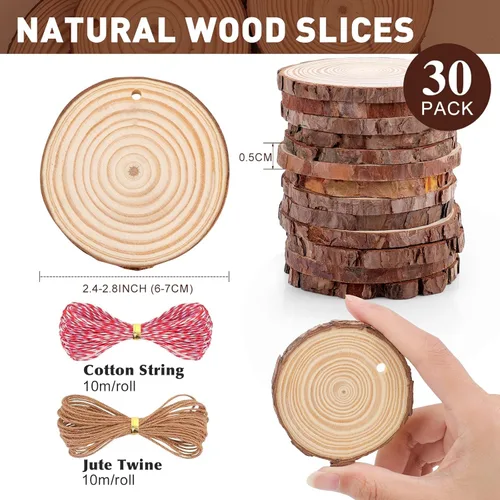 Miniatura 3 de 30 paquetes de rebanadas de madera para manualidades, 2.4-2.8 pulgadas de rondas de madera natural sin acabar con corteza de árbol. Círculos