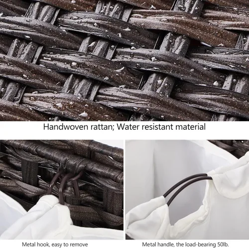 Miniatura 6 de Cesta para ropa sucia con 3 bolsas de forro extraíbles; cesta de lavandería de ratán tejida a mano de 132L con tapa y pies elevados; cesta de ropa