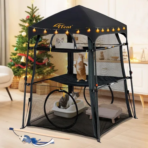 Miniatura 9 de Cerca para Gatos con Torre y Tienda de Campaña para Gatito y Gato para Interior y Exterior, Jaula para Gatos de 3 Niveles Interior, X-Grande Catio