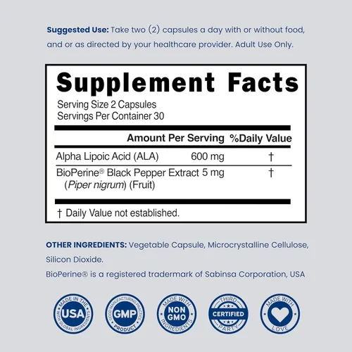 Miniatura 6 de Ácido alfa lipoico de 600 mg por porción, 60 cápsulas, potente antioxidante para neuropatía y salud cardiovascular (suplemento ALA) - Probado por