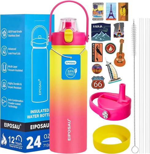 Miniatura 26 de Botella de agua aislada con tapa, bota y calcomanías, botella de acero inoxidable de 24 onzas, sin sudor, mantiene el frío las 24 horas, botella