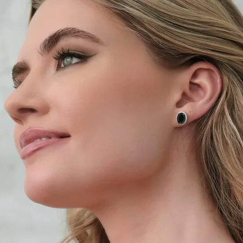 Miniatura 4 de Gem Stone King Aretes de plata de ley 925 con halo de ónix negro para mujer