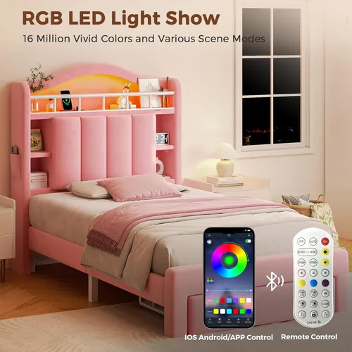 Miniatura 7 de Base de cama LED individual con cabecera de almacenamiento y 2 cajones de almacenamiento, cama tapizada de terciopelo princesa con diseño de Rosa