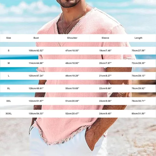 Miniatura 4 de Mens Cotton Linen Short Sleeve Shirts Retro Frayed Casual V-Neck Beach Hippie Tshirts Lightweight Summer Resort Tops