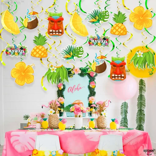 Miniatura 7 de KatchOn, Remolinos colgantes hawaianos de Luau, paquete de 46, sin bricolaje, decoraciones de fiesta Luau, decoraciones de fiesta temática hawaiana