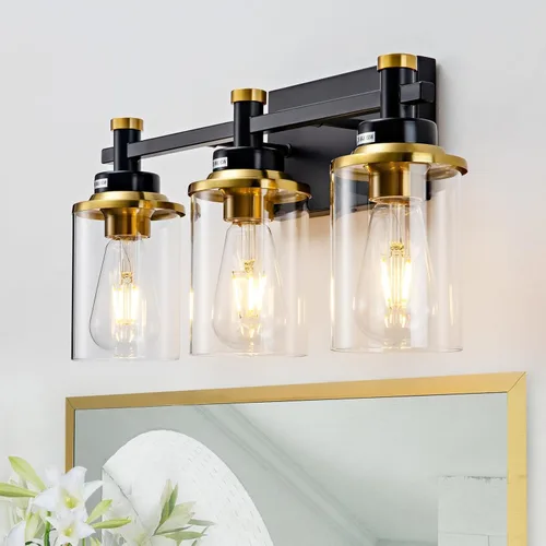 Accesorios de Luz de Baño de 3 Luces, Accesorio de Luz de Tocador Negro y Dorado Cepillado Sobre Espejo, Apliques de Pared Modernos Iluminación