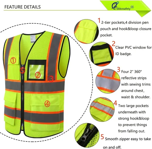 Miniatura 2 de Chaleco de seguridad reflectante de alta visibilidad para hombres y mujeres, con 8 bolsillos y cremallera frontal, cumple con las normas ANSI/ISEA