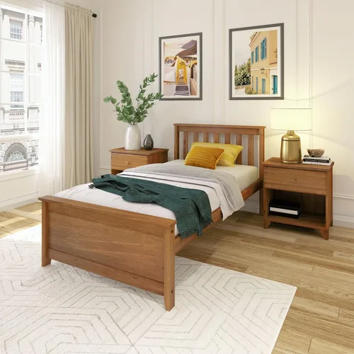 Miniatura 13 de Plank+Beam Estructura de cama individual de madera maciza, cama plataforma con cabecero, color nogal