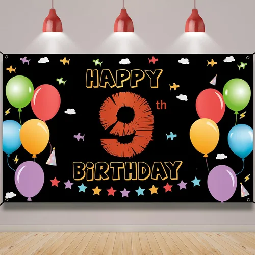 Cartel de fondo de 9º cumpleaños, decoraciones de feliz 9º cumpleaños para niñas y niños, cartel de cumpleaños de 9 años, colorido fondo de fiesta