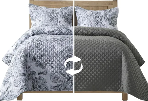 Miniatura 9 de Elegant Comfort Juego de colcha reversible acolchada de 3 piezas con fundas de almohada, exquisitas costuras majestuosas para todas las estaciones