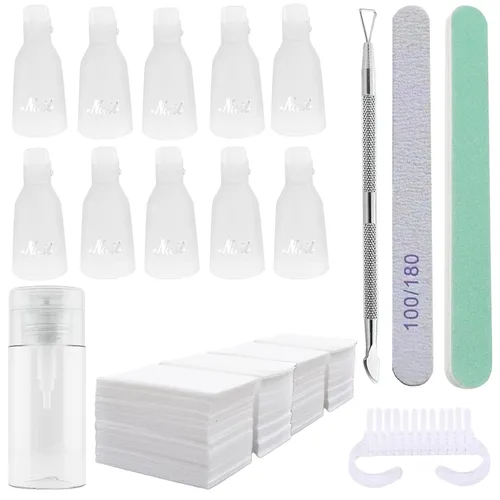 Miniatura 8 de Kit de removedor de esmalte de uñas de gel con 10 clips de removedor de esmalte de uñas rosa con tapa, botella dispensadora, empujador de cutículas