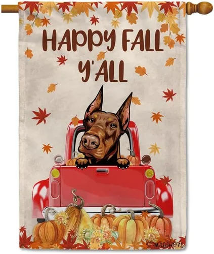 Miniatura 25 de Bandera con texto en inglés «Happy Fall Y'all» con diseño de perro inteligente con calabaza en camión rojo y hojas de arce, pancarta de otoño