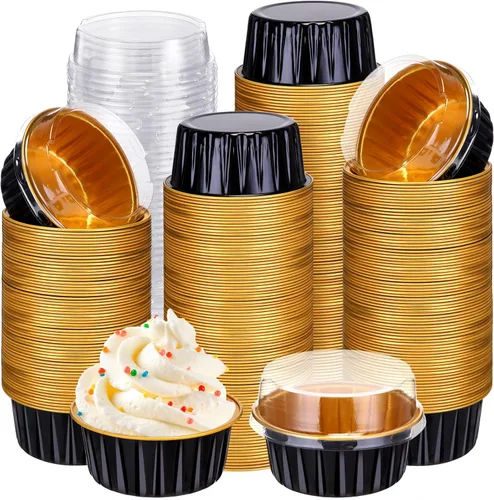 Miniatura 20 de Gejoy 400 Piezas Moldes de Papel de Aluminio para Hornear con Tapas 5 oz Moldes Desechables Ramekins Mini Moldes para Pasteles Crème Brûlée Moldes