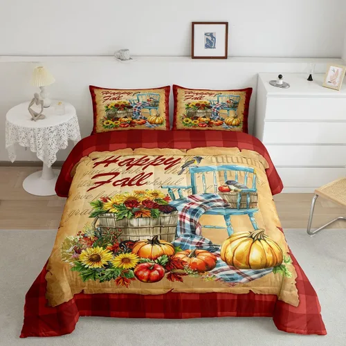 Miniatura 25 de Castle Fairy Juego de edredón de otoño con temática de Acción de Gracias, tamaño individual, juego de ropa de cama de calabaza, girasol, pavo