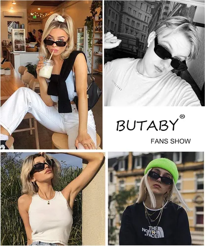 Miniatura 5 de BUTABY Gafas de sol rectangular para mujer retro, gafas de conducción, gafas de los años 90, vintage, marco estrecho cuadrado, protección UV400