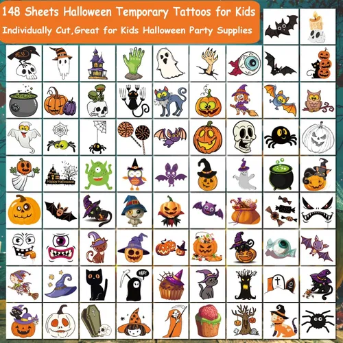 Miniatura 3 de CHARLENT 148 hojas de tatuajes temporales de Halloween para niños, tatuajes individuales de esqueletos de calabaza de Halloween para niños y niñas