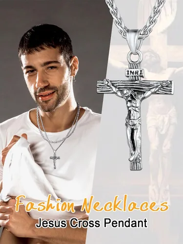 Miniatura 3 de U7 Colgante de cruz de crucifijo para hombre con cadena de bautismo, joyería cristiana, acero inoxidable, oro de 18 quilates, collar antiguo