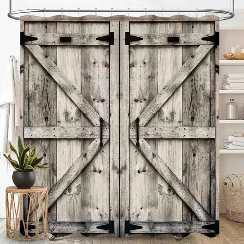 Miniatura 27 de Cortina de ducha de madera estilo granja para baño, tablero de madera marrón rústica con versículo bíblico y cruz, casa de campo rural, granero