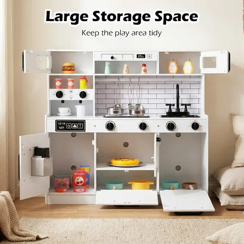 Miniatura 4 de INFANS Juego de cocina para niños, cocina de madera con sonido ligero realista, juguete de cocina para niños y niñas mayores de 3 años (blanco)