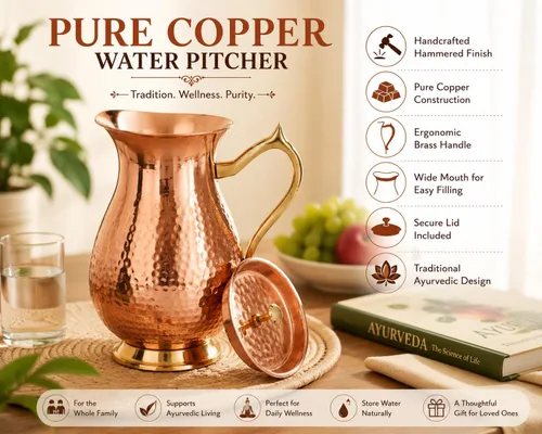Miniatura 3 de Jarra de cobre 100% puro de 50.7 fl oz (50.72 onzas), jarra de agua de cobre martillado con tapa y asa, recipiente de agua tradicional de cobre