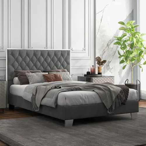 Miniatura 3 de Giantex Base de cama tapizada, plataforma moderna con cabecera de terciopelo capitoné con botones, marco de cama tamaño matrimonial, base de colchón