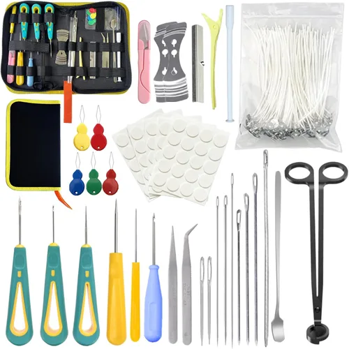 Miniatura 9 de Kit de 11 agujas de vela, moldes de herramienta de inserción de mecha, aguja perforadora con ojo de gancho, aguja de absorción de velas de ojo