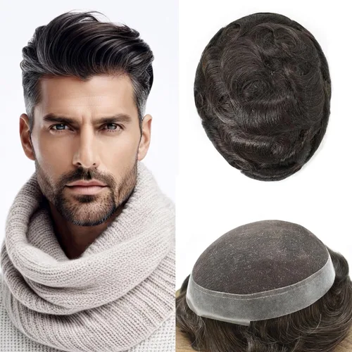 Miniatura 61 de Mens Toupee Hair Piece Real Cabello humano suave francés Encaje Toupee para hombres Sistema de reemplazo de cabello Hombres Hairpieces Hombres