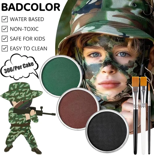Miniatura 3 de Juego de pintura facial de camuflaje negro verde marrón con pinceles, kit de pintura facial a base de agua para camuflaje militar, caza y paintball
