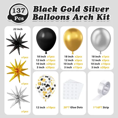 Miniatura 3 de Kit de guirnalda de arco de 137 piezas de globos negros, dorados y plateados con estrellas - 5, 10, 12, 18 pulgadas globos de látex negros, dorados