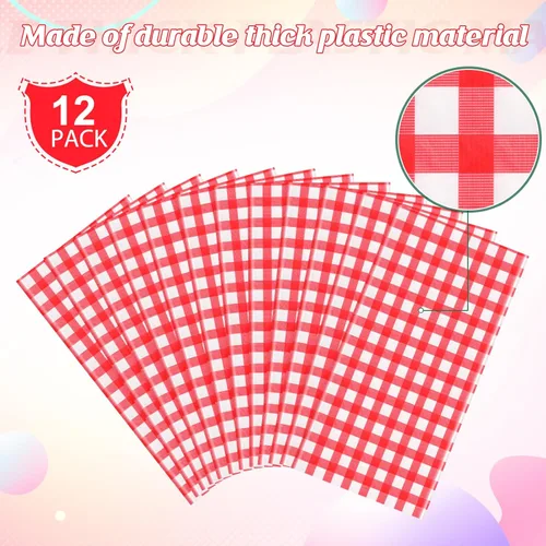 Miniatura 4 de Paquete de 12 manteles redondos de plástico rojo y blanco a cuadros desechables de alta calidad para fiestas, manteles redondos de fiesta
