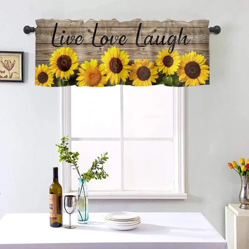 Cortinas cortas de girasol para ventana, estampado vintage de granero de madera con cita Live Love Laugh, cenefas de tratamiento de ventana para Fe