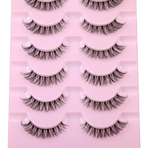 Miniatura 5 de JIMIRE Pestañas de aspecto natural con banda transparente, semi-onduladas, cortas, postizas, esponjosas, 3D, para ojo de gato, pestañas de 13 mm